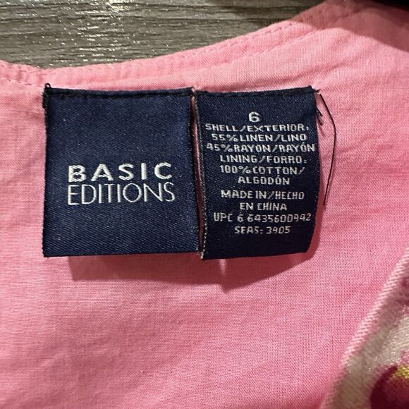 Basic Editions Dress Pink Floral Daisy Dress Size 6 Linen Zip Back Tie Waist - Picture 4 of 9